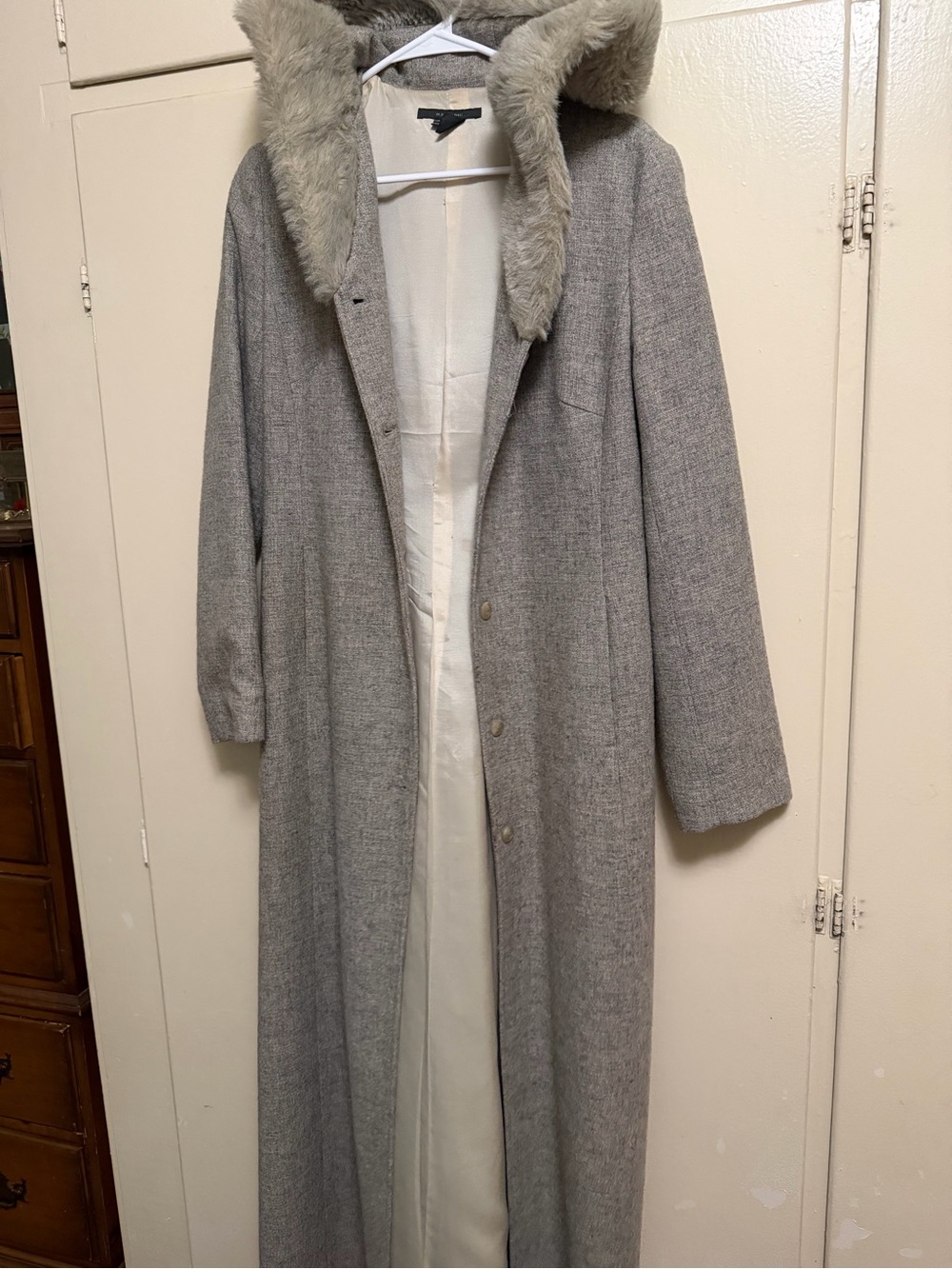 Zara Gray Long Trench Coat with Faux Fur Hood